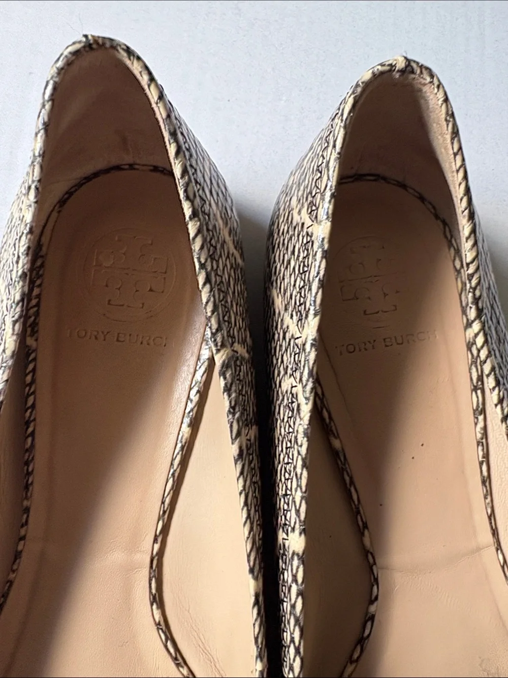 Tory Burch Beige Tan Snakeskin-Print Reva Flats with Logo Medallion
